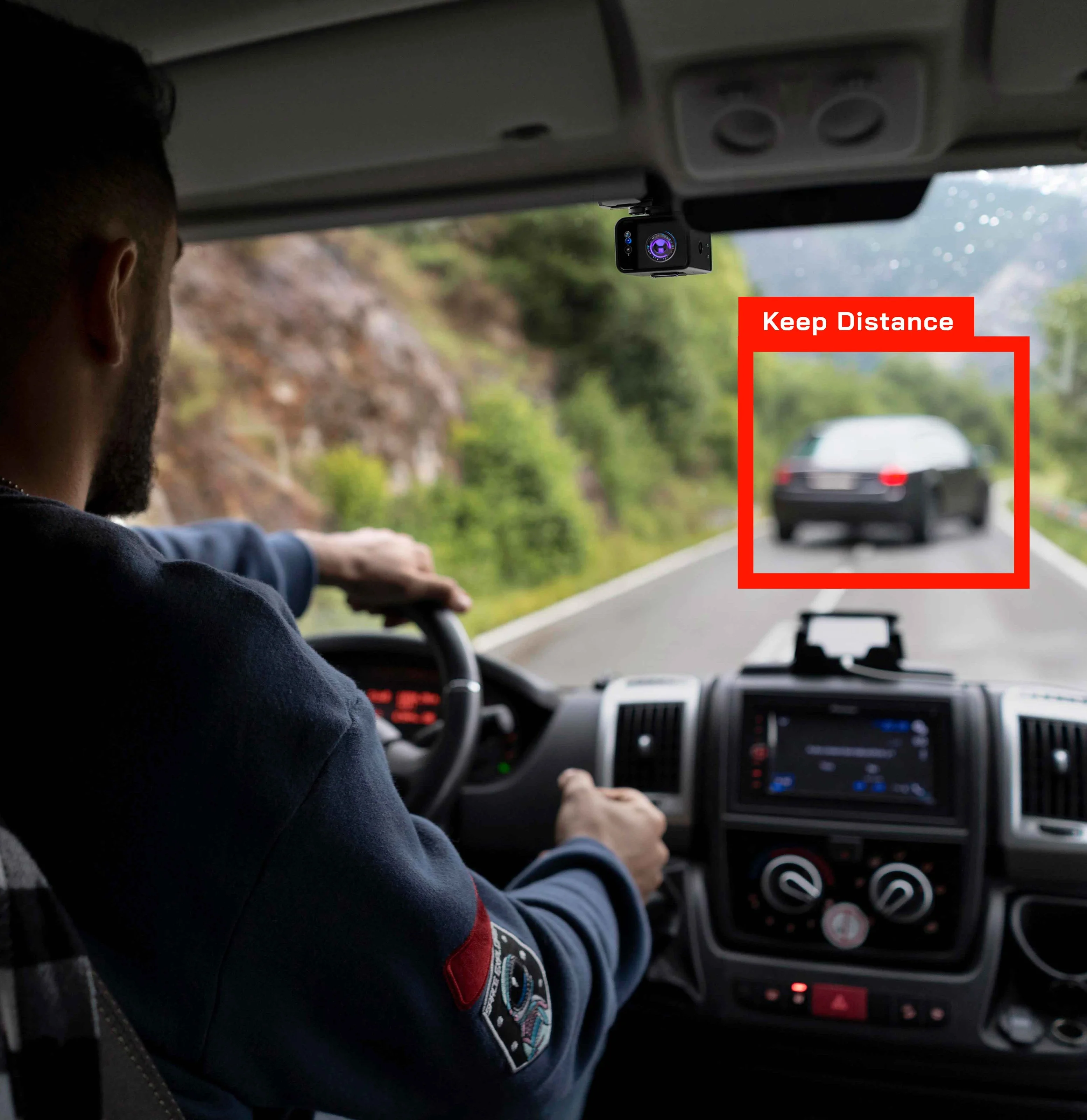 man driving truck, detects other vehicle, AI tracks and warns on safety distance